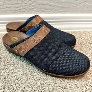 REVITALIGN | Montana Slip-On Mules Navy Blue Denim Tan Comfort | Women’s Size 8